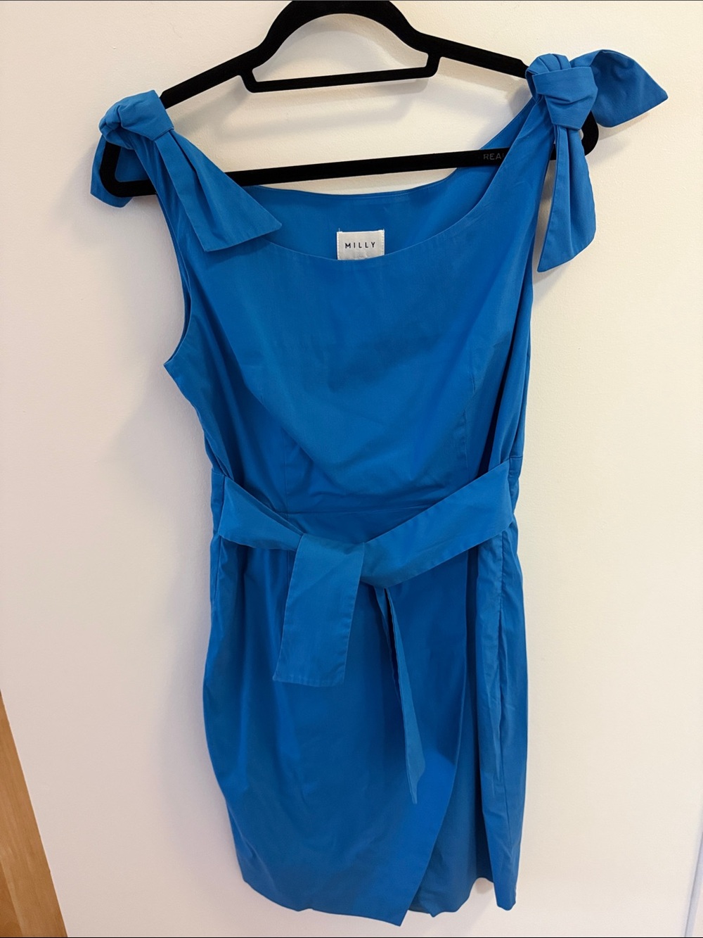 Milly Poplin Tie Shoulder Royal Blue Shift Dress with Waist Tie Belt. Size 8.